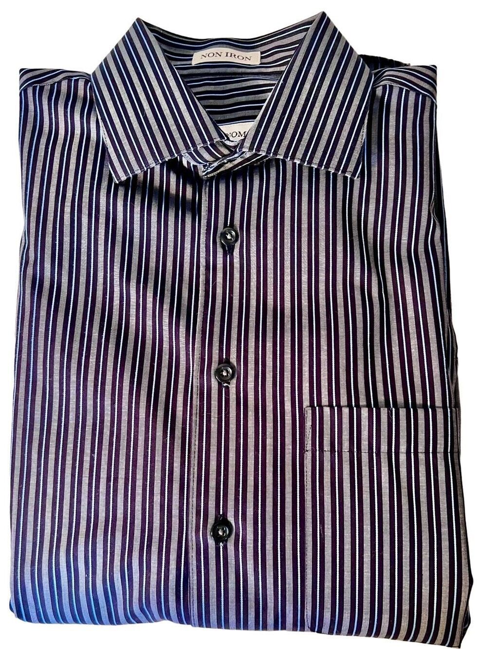 Pronto Uomo Dress Shirt Mens Size M Gray Black Blue Striped 80's 2 Ply Non Iron